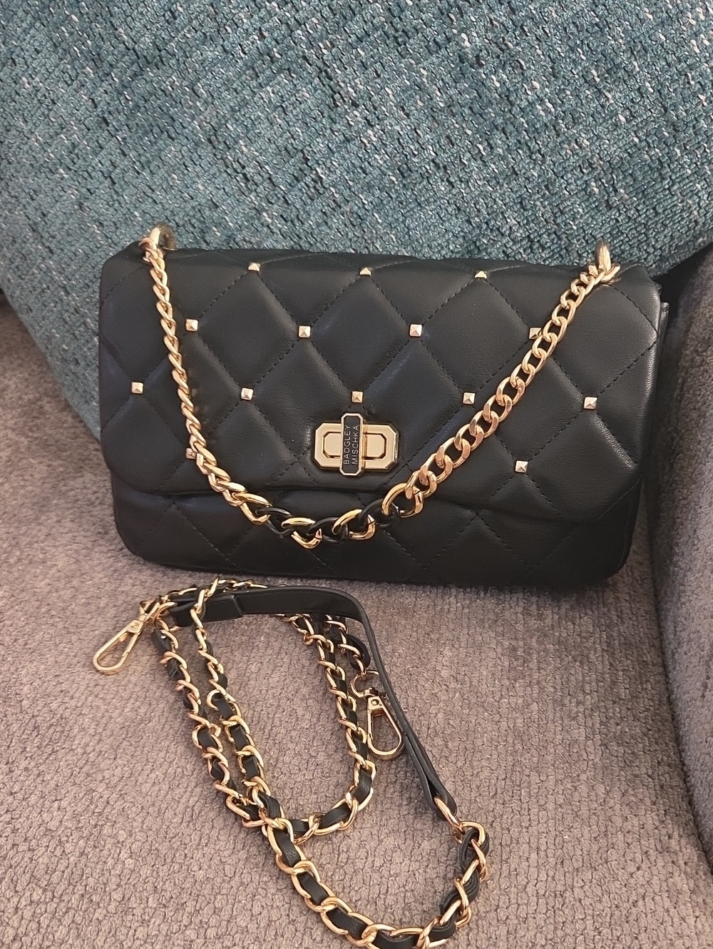 Badgley Mischka Studded Diamond Quilted Flap Crossbody Bag - Black & Gold